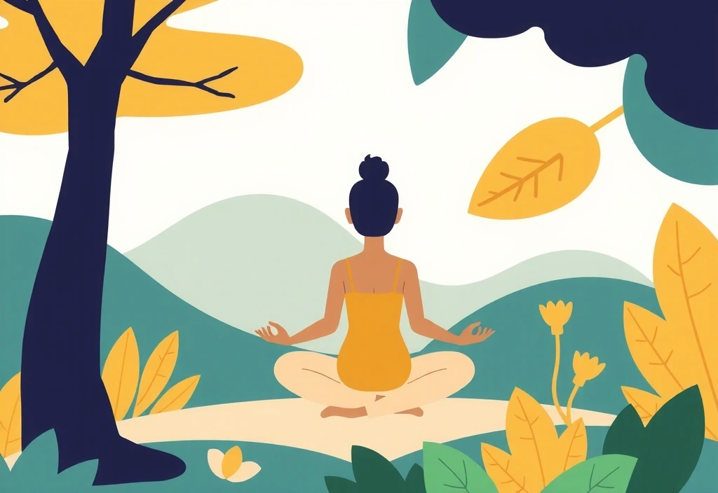 Ilustración abstracta de una persona meditando en un entorno natural, simbolizando paz y salud holística