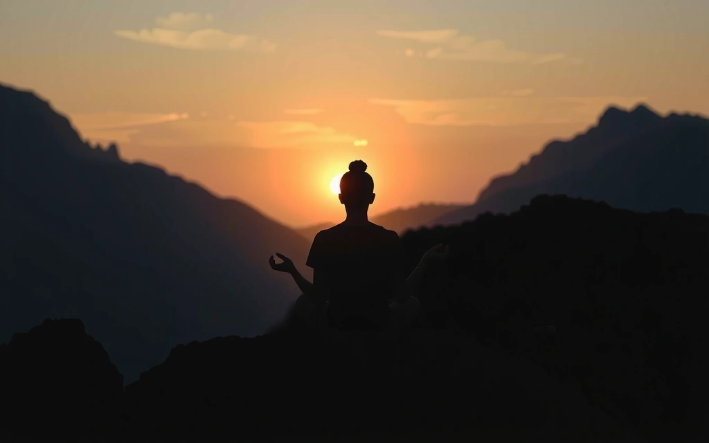 Silueta de una persona meditando al amanecer en un paisaje natural, simbolizando la armonía y el bienestar holístico.